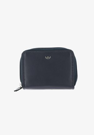 Petit portefeuille en cuir noir avec fermeture éclair, emblème de logo argenté à l'avant et coutures visibles le long des bords.