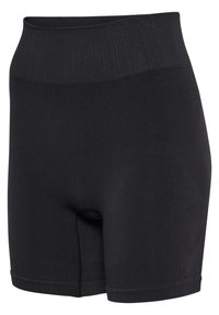 Schwarze Shorts mit einem gerippten hohen Taillenbund, aus dehnbarem Material gefertigt. Mit strukturierten Akzenten an den Seiten. In mittellanger Design bis zum Oberschenkel.