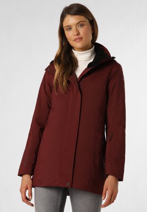 Maroon outdoor jacket with a zip-up hood, two side pockets, and a button closure, featuring a sleek, smooth texture and tailored fit.