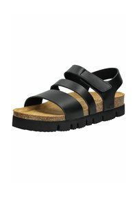 Sandales en cuir noir avec trois larges sangles, semelle en liège et semelle en caoutchouc texturé. Dotées d'une fermeture à velcro ajustable et d'un design arrondi.