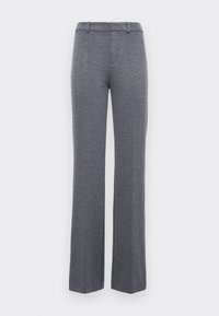 Šedé rovné kalhoty vyrobené z měkké tkaniny, s hladkým povrchem, poutky na opasek a klasickým střihem. Bez viditelných vzorů nebo akcentů.