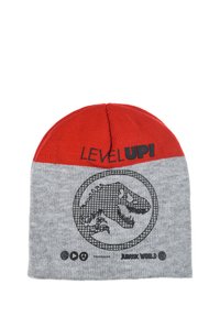 Berretto lavorato a maglia rosso e grigio con grafica di un dinosauro e testo "LEVEL UP!" in nero. Texture a coste e vestibilità aderente per il calore.