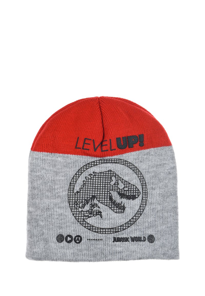 Berretto lavorato a maglia rosso e grigio con grafica di un dinosauro e testo "LEVEL UP!" in nero. Texture a coste e vestibilità aderente per il calore.