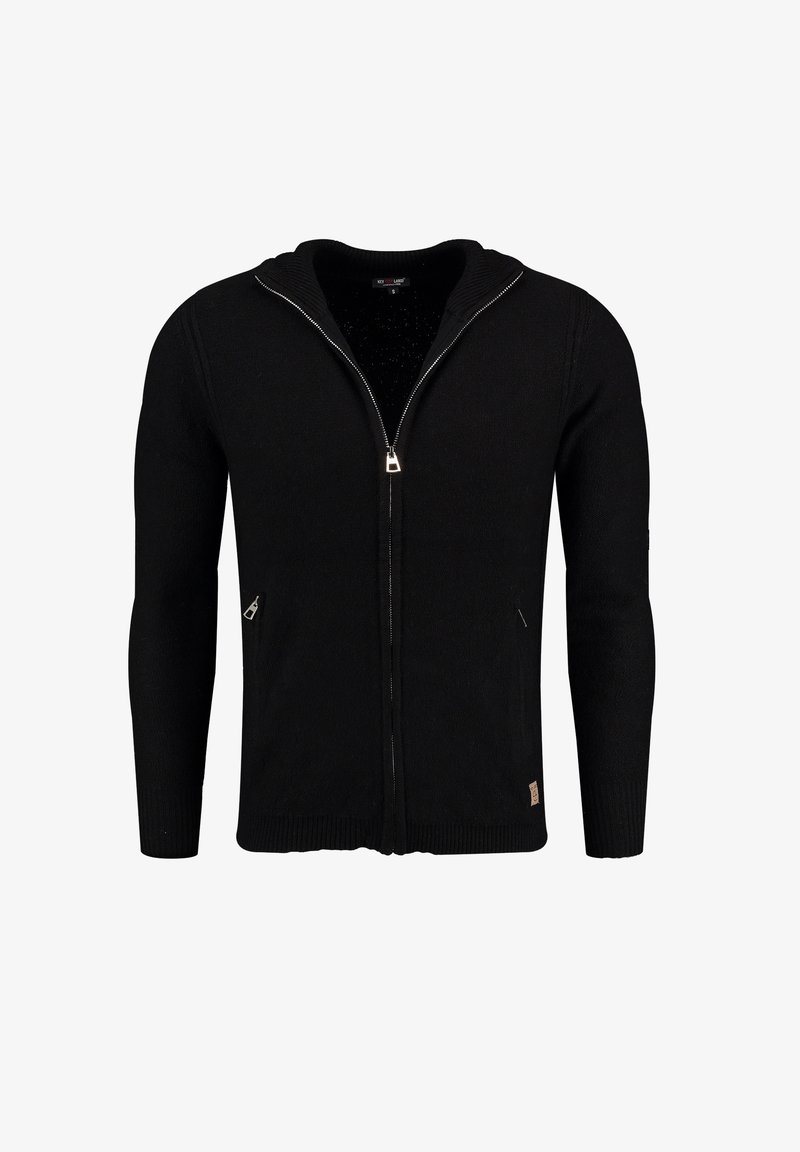 Čierna zipsová mikina s textúrovanou pleteninou, ryhovanými manžetami a lemom, bočnými vreckami a kapucňou. Má strieborný zips.