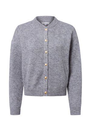 Gilet en laine gris avec un col rond, des manches longues et des boutons dorés à l'avant. Il présente des poignets et un ourlet côtelés.