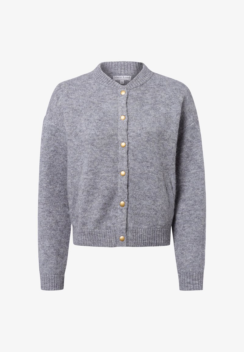 Graue Wollstrickjacke mit rundem Ausschnitt, langen Ärmeln und goldenen Knöpfen auf der Vorderseite. Verfügt über gerippte Bündchen und Saum.