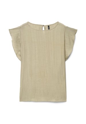 Beige, strukturierte Bluse mit kurzen Ärmeln, Flügelärmeln und kleinem Rückenausschnitt mit Knopfverschluss.