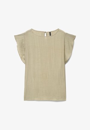 Beige, strukturierte Bluse mit kurzen Ärmeln, Flügelärmeln und kleinem Rückenausschnitt mit Knopfverschluss.