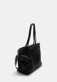 Schwarze Nylon-Shopper-Tasche mit zwei Trägern, Reißverschluss und goldfarbenen Beschlägen. Verfügt über eine strukturierte Form und weiche Textur.