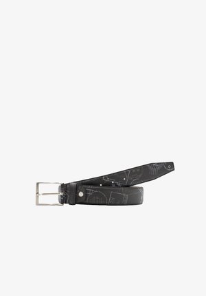 Cintura sintetica nera con finitura opaca, motivo stampato, fibbia in metallo argento e estremità affusolata. Decorata con testo e disegni stampati.