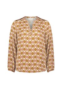 Blusa a maniche lunghe con un motivo floreale in toni caldi di marrone, arancio e rosa. Design a V con polsini arricciati e tessuto leggero.