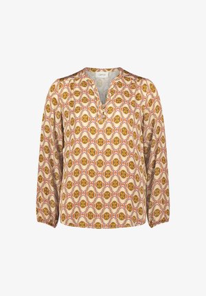 Bluzka z długim rękawem z kwiatowym wzorem w ciepłych odcieniach brązu, pomarańczu i różu. Dekolt w kształcie litery V, z marszczonymi mankietami i lekkim materiałem.