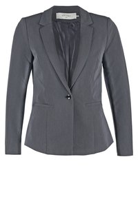 Ciemnoszara żakiet damski na jeden guzik z klapami i dwoma przednimi kieszeniami typu welt.