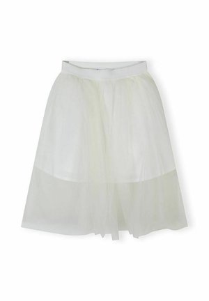 Biała spódnica do kolan z przezroczystą warstwą na wierzchu i dopasowanym paskiem w talii, przedstawiona na jednolitym białym tle.