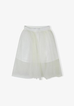 Gonna bianca fino al ginocchio con sovrapposizione trasparente e vita aderente, mostrata su sfondo bianco semplice.