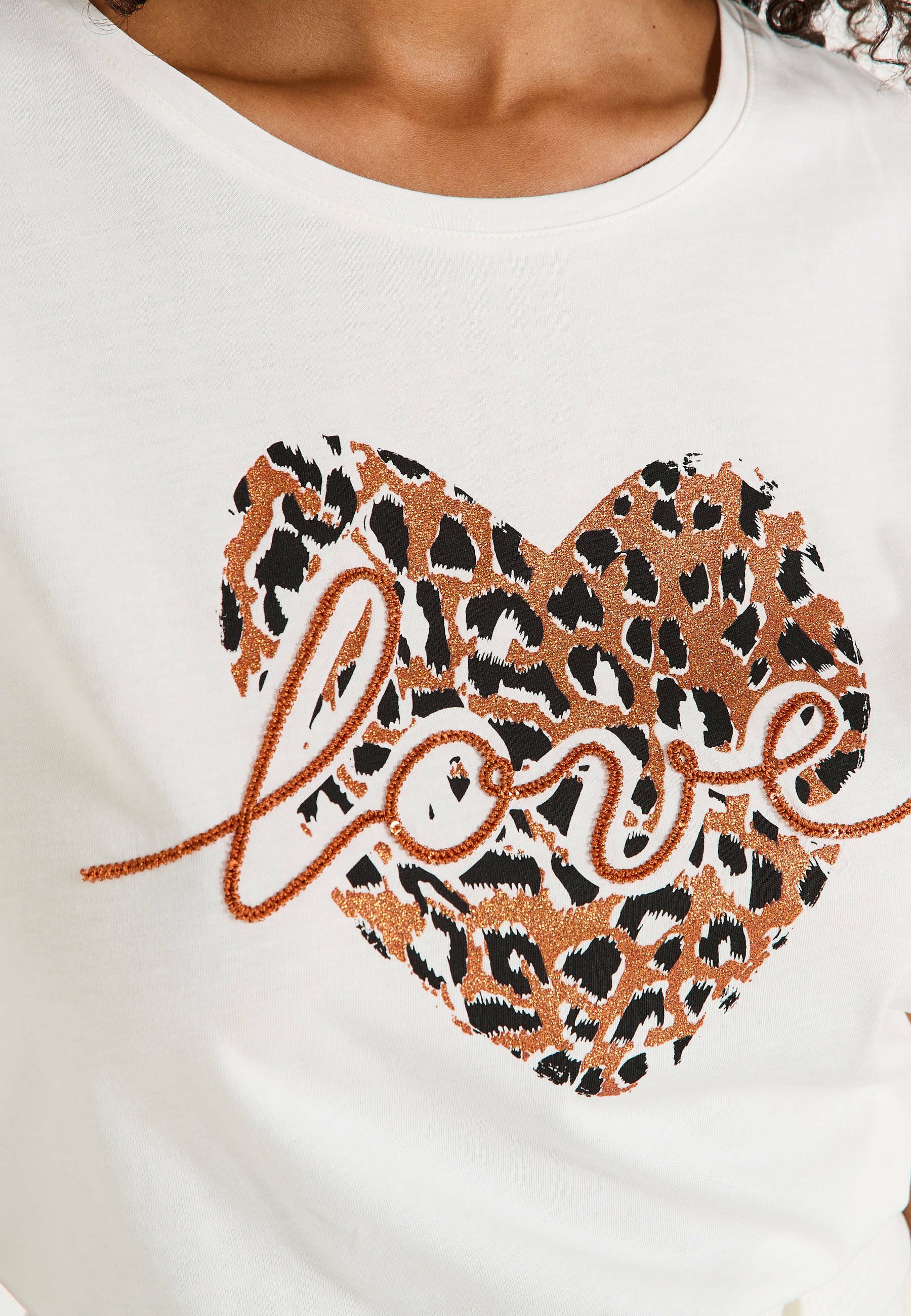 T-shirt Femme Grain De Malice - Imprimé Petits Cœurs Brillants, Manches 3/4, Col V, Tissu Doudou Confortable - 3