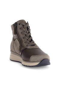 Hoge sneaker in gemengde materialen; olijfgroen suède en leer, gestructureerd oppervlak, vetersluiting aan de voorkant, zijrits, gevoerde zool.