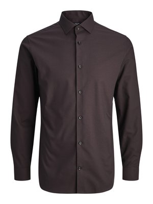 Dark brown long-sleeve men's dress shirt with pointed collar and black buttons down the front, plain design.
