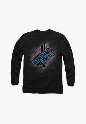 Black long-sleeve t-shirt featuring "WAKANDA FOREVER" in bold multicolored text with graphic accents and a stylized mask design.