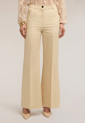 Pantalones de pierna ancha de talle alto en beige combinados con tacones de punta y una blusa de encaje transparente de manga larga, manos reposando a los lados.
