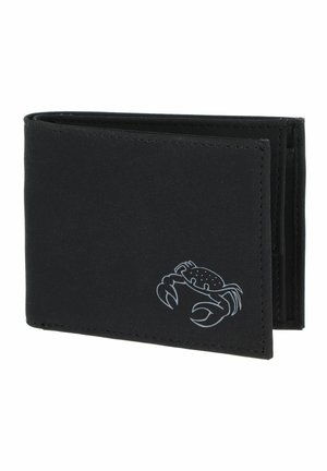 Portefeuille noir bifold avec une petite illustration blanche de crabe dans le coin inférieur droit avant, montré partiellement ouvert.
