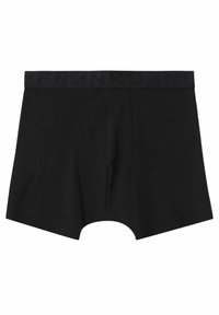 Mustat puuvillabokserit, joissa on istuva muotoilu ja leveä vyötärönauha, johon on kaiverrettu brändin nimi. Sujuva pinta, ei näkyviä kuvioita.
