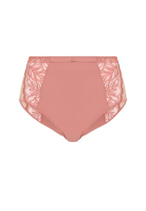 High-waisted pink panties featuring floral lace sides, smooth fabric, elastic waistband, and a small decorative gold accent.