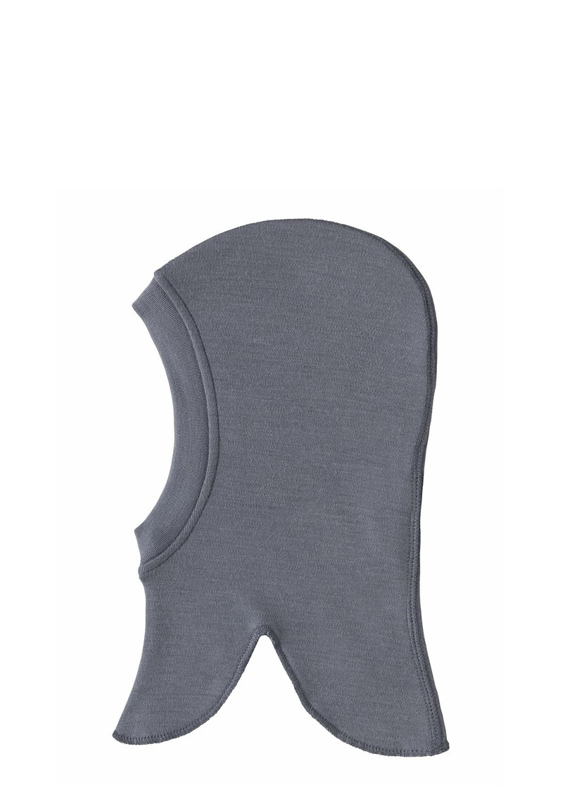 Cagoule en tricot grise avec un sommet arrondi et des ouvertures pour le visage et le cou, dotée d'une texture lisse et de bords cousus.
