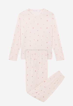 Set di pigiama a maniche lunghe in morbido tessuto a costine rosa chiaro con un piccolo motivo floreale. Include una maglietta e pantaloni abbinati con vita elastica.