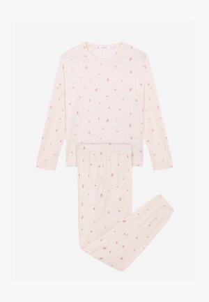 Long-sleeve pajama set in light pink ribbed fabric with small floral pattern. Includes a top and matching elastic-waist pants.