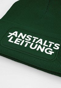 Green knit beanie featuring a rectangular patch with the text "ANSTALTS LEITUNG" in bold white letters. Textured fabric adds visual interest.