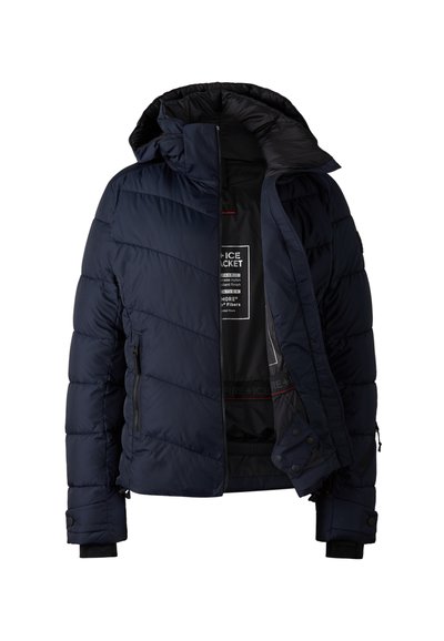 Marineblaue isolierte Steppjacke mit Kapuze, Reißverschluss vorne, Seitentaschen und elastischen Bündchen. Das Innere zeigt ein Markenlabel und rote Akzente.