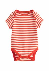 Gestreifter Body mit roten und weißen horizontalen Linien, kurzen Ärmeln und Druckknöpfen am unteren Teil. Hergestellt aus weichem Baumwollmaterial.