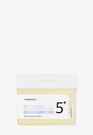 Pojemnik z skoncentrowanymi podkładkami tonizującymi Numbuzin Glutathione Vitamin, 180 ml z 70 rozjaśniającymi podkładkami przeciwutleniającymi.