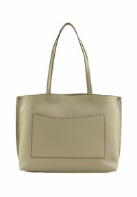 Sac fourre-tout en cuir beige clair avec deux poignées, forme rectangulaire, grande poche avant et détails de coutures visibles.