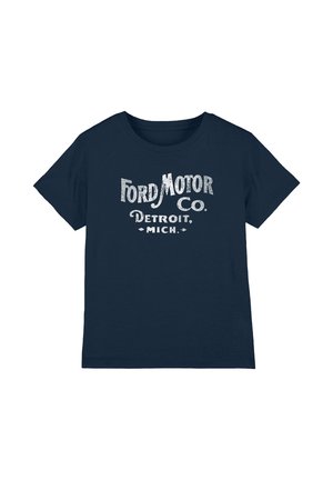 Marineblaues T-Shirt mit kurzen Ärmeln und weißem Vintage-Schriftzug "Ford Motor Co. Detroit, Mich." auf der Vorderseite.