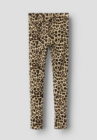 Leggings med et hel leopardmønstret design i nyanser av brunt, svart og beige, lagt flatt på en lys bakgrunn.