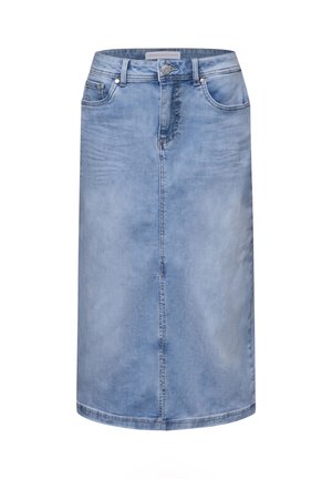 Jupe en denim bleu clair longueur genou avec boutons devant, fermeture éclair, passants pour ceinture et poches avant, présentant des détails délavés subtils.