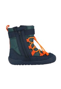 Stiefel mit einem navyblauen und grünen Obermaterial, orangefarbenen Schnürsenkeln, seitlichem Reißverschluss und Gummisohle; verfügt über einen gepolsterten Kragen und kontrastierende Akzente.