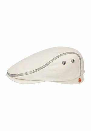 White flat cap with gray stitching, two metal ventilation eyelets on the side, and a small round orange logo tag near the back.