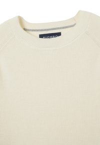 Cremfarbener Strickpullover mit gerippter Textur und rundem Ausschnitt. Verfügt über Raglanärmelnaht und einen subtilen grauen Akzent im Kragen.