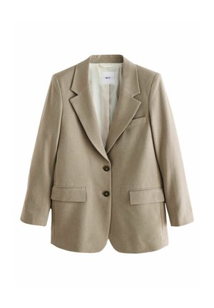 Beige blazer made of textured fabric with notched lapels, two front pockets, two buttons, and a light-colored interior lining.