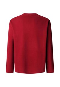 Top rosso a maniche lunghe realizzato in cotone liscio. Presenta una scollatura rotonda e un design semplice senza decorazioni o motivi.