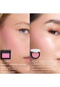 Deux gros plans de visages montrent les différences entre un blush poudre pressée satin mat et un blush hybride lumineux nacré sérum-poudre.
