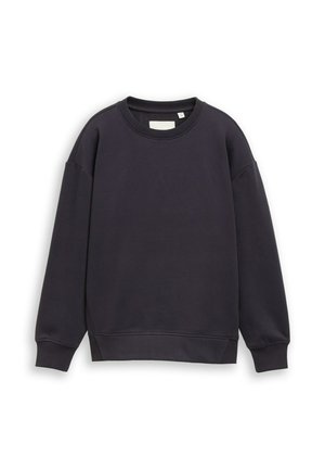 Schwarzes Langarm-Crewneck-Sweatshirt mit gerippten Bündchen und Saum, auf weißem Hintergrund dargestellt.