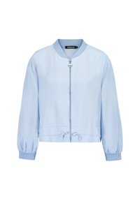 Light blue bomber jacket with a zipper closure, ribbed cuffs, and a drawstring waist. Made of smooth, lightweight fabric.