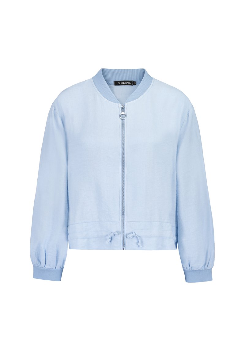 Light blue bomber jacket with a zipper closure, ribbed cuffs, and a drawstring waist. Made of smooth, lightweight fabric.