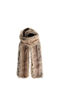 Faux-Fur-Schal in Brauntönen mit weicher Textur, breitem Design und unstrukturiertem Wickelstil, der Wärme und Komfort bietet.