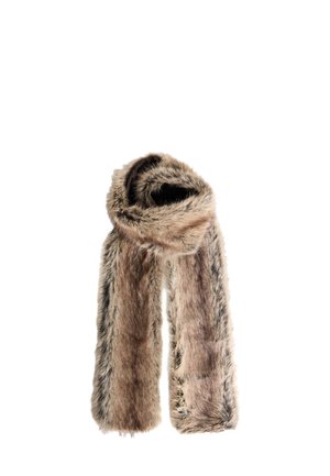 Faux fur scarf in shades of brown with a soft texture, featuring a wide design and an unstructured wrap shape, offering warmth and comfort.