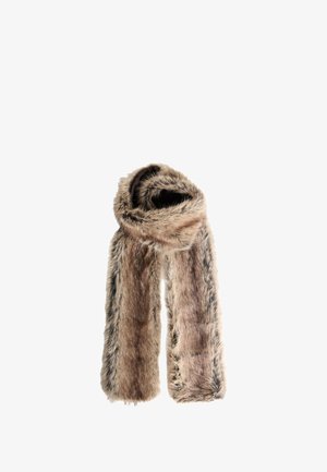 Sciarpa in pelliccia sintetica nelle tonalità di marrone con una morbida texture, caratterizzata da un design ampio e una forma avvolgente non strutturata, che offre calore e comfort.
